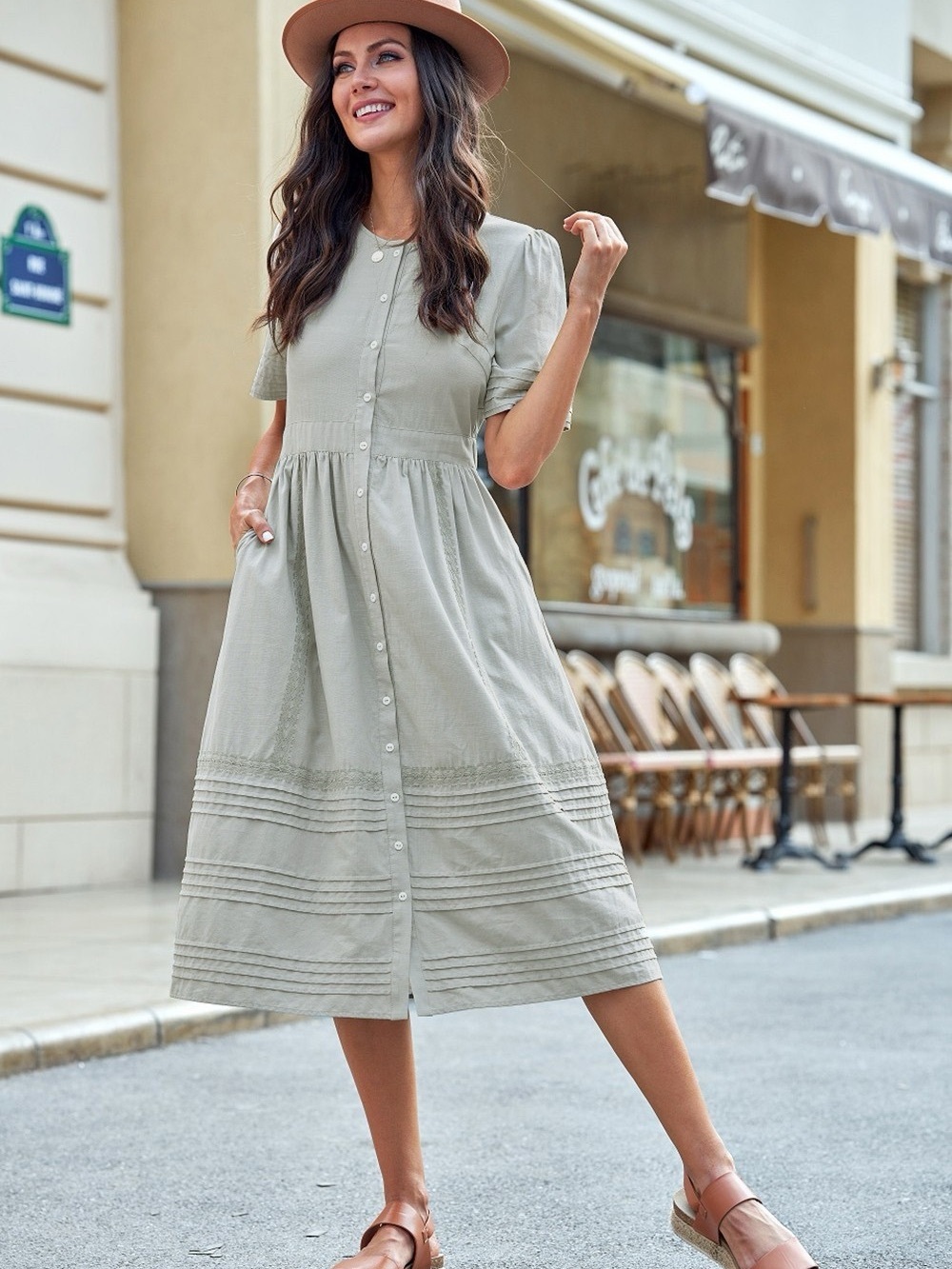 Petallush Taupe Button-Front Midi Dress with Pleated Sleeves
